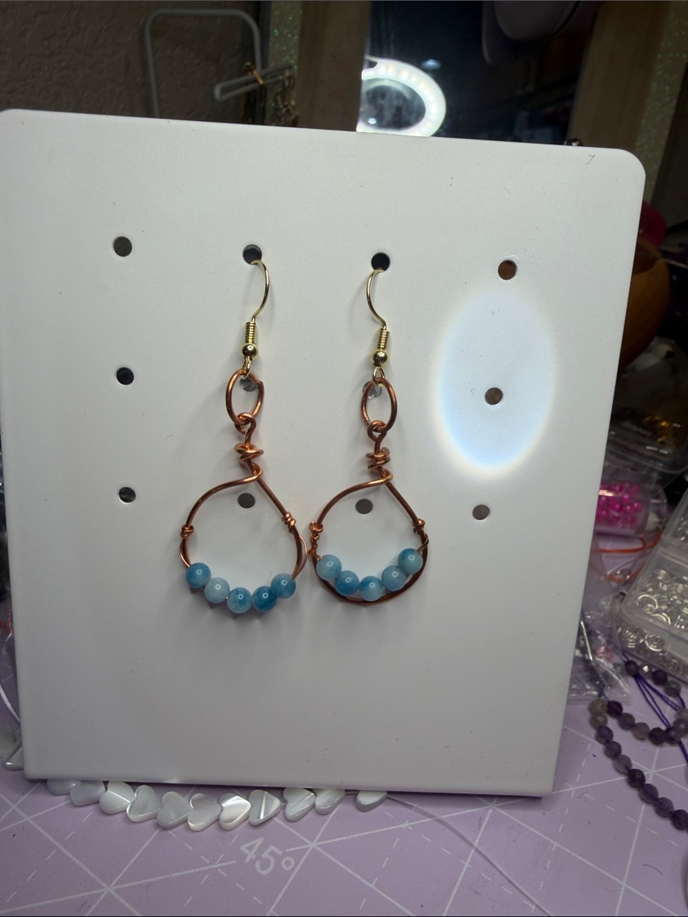 Handcrafted Copper Hoop Earrings with Blue Beads